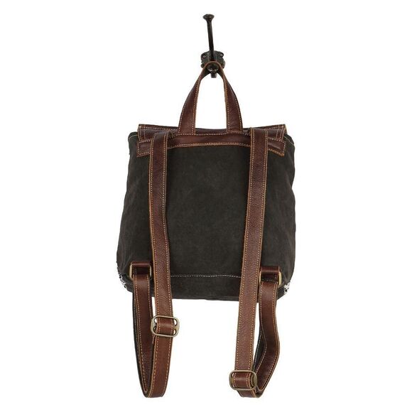 Myra Bag Handmade Leffis Backpack Upcycled Canvas & Cowhide Leather